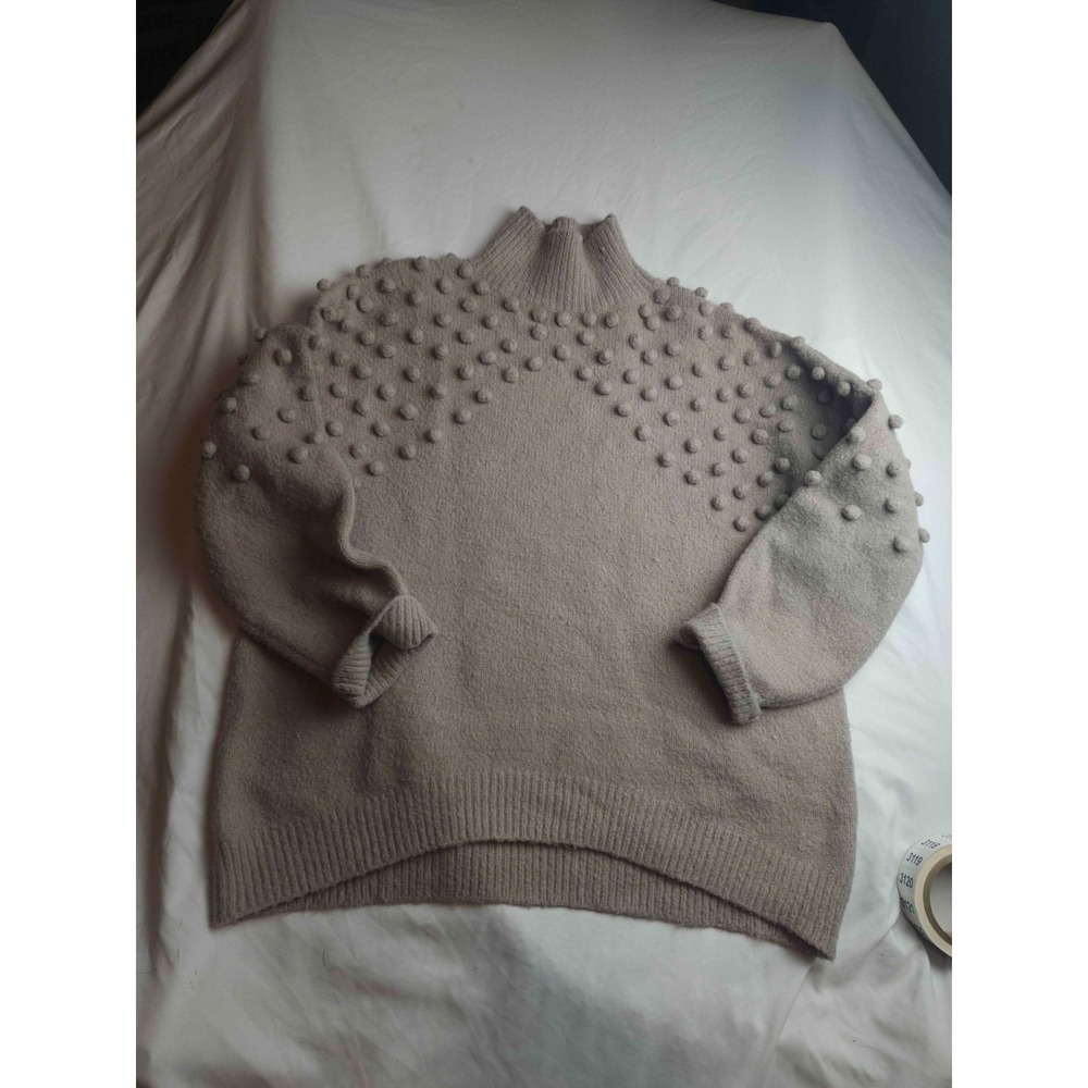 Dress Up Pullover Sweater Womens Large Taupe Knit Pom Pom Mock Neck Long Sleeve